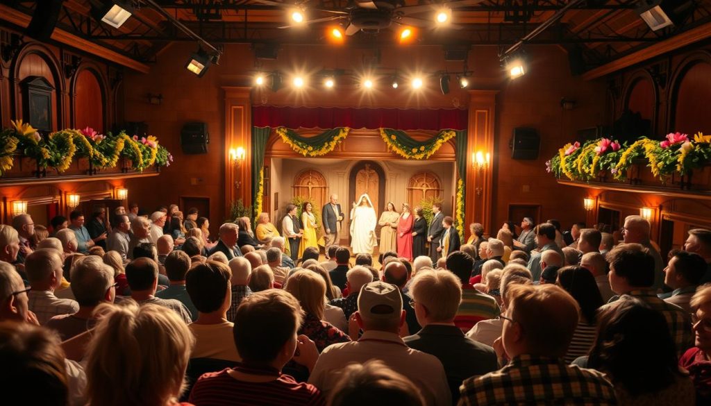 A bustling community theater, bathed in the warm glow of stage lights, as an ensemble of local actors captivates the audience with a lively Easter-themed performance. In the foreground, a diverse crowd of spectators watches intently, their faces alight with wonder and delight. The middle ground reveals the intricate stage set, adorned with symbolic religious imagery and vibrant spring-inspired decorations. In the background, the theater's historic architecture serves as a striking backdrop, evoking a sense of timeless tradition. The scene conveys a palpable atmosphere of togetherness, as the community comes together to celebrate the spirit of Easter through the shared experience of classical theater. A bustling community theater, bathed in the warm glow of stage lights, as an ensemble of local actors captivates the audience with a lively Easter-themed performance. In the foreground, a diverse crowd of spectators watches intently, their faces alight with wonder and delight. The middle ground reveals the intricate stage set, adorned with symbolic religious imagery and vibrant spring-inspired decorations. In the background, the theater's historic architecture serves as a striking backdrop, evoking a sense of timeless tradition. The scene conveys a palpable atmosphere of togetherness, as the community comes together to celebrate the spirit of Easter through the shared experience of classical theater.
