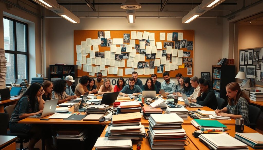 A bustling writing studio, illuminated by warm overhead lighting and large windows. In the foreground, a cluster of desks showcases the tools of the trade: laptops, notebooks, and stacks of paper. Across the middle ground, a group of diverse writers, each engrossed in their craft, their faces alight with a sense of creative focus and determination. In the background, a large corkboard displays a collage of script pages, award certificates, and celebratory photos, a testament to the success stories that have emerged from this space. An atmosphere of inspiration and achievement permeates the scene, capturing the essence of "Script Submissions: Game Plans, Playbooks, and Scoring a Slot on the Cutting Ball Stage." A bustling writing studio, illuminated by warm overhead lighting and large windows. In the foreground, a cluster of desks showcases the tools of the trade: laptops, notebooks, and stacks of paper. Across the middle ground, a group of diverse writers, each engrossed in their craft, their faces alight with a sense of creative focus and determination. In the background, a large corkboard displays a collage of script pages, award certificates, and celebratory photos, a testament to the success stories that have emerged from this space. An atmosphere of inspiration and achievement permeates the scene, capturing the essence of "Script Submissions: Game Plans, Playbooks, and Scoring a Slot on the Cutting Ball Stage."