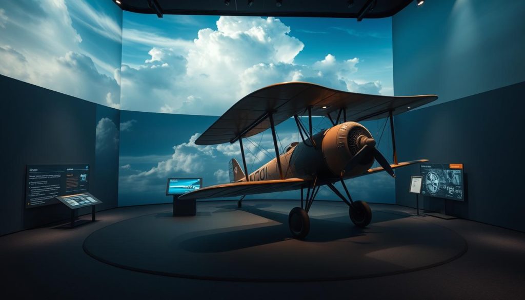 A captivating online theater aviation exhibit, showcased in a sleek, minimalist digital gallery. The foreground features a stunning 3D holographic model of a vintage biplane, its intricate details and weathered exterior meticulously rendered. In the middle ground, interactive displays and informative panels provide a seamless, immersive experience, inviting visitors to explore the rich history and technological advancements of aviation theater. The background scene depicts a serene, cloud-filled sky, captured through a cinematic wide-angle lens, creating a sense of depth and grandeur. Soft, directional lighting casts dramatic shadows, enhancing the exhibit's atmospheric ambiance and sense of wonder. A captivating online theater aviation exhibit, showcased in a sleek, minimalist digital gallery. The foreground features a stunning 3D holographic model of a vintage biplane, its intricate details and weathered exterior meticulously rendered. In the middle ground, interactive displays and informative panels provide a seamless, immersive experience, inviting visitors to explore the rich history and technological advancements of aviation theater. The background scene depicts a serene, cloud-filled sky, captured through a cinematic wide-angle lens, creating a sense of depth and grandeur. Soft, directional lighting casts dramatic shadows, enhancing the exhibit's atmospheric ambiance and sense of wonder.