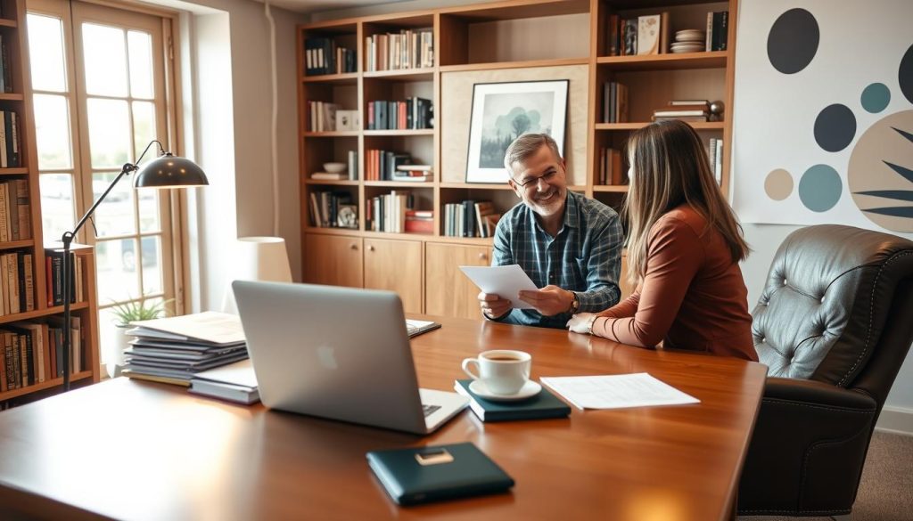 A cozy office setting with a large wooden desk, a comfortable leather chair, and bookshelves lining the walls. Soft, warm lighting illuminates the space, creating a welcoming atmosphere. On the desk, an open laptop and a cup of coffee sit alongside several folders and notes, hinting at the mentorship and guidance taking place. In the foreground, two people - a mentor and a mentee - are engaged in a discussion, their body language conveying a sense of collaboration and learning. The background features abstract shapes and patterns, adding depth and visual interest to the scene. A cozy office setting with a large wooden desk, a comfortable leather chair, and bookshelves lining the walls. Soft, warm lighting illuminates the space, creating a welcoming atmosphere. On the desk, an open laptop and a cup of coffee sit alongside several folders and notes, hinting at the mentorship and guidance taking place. In the foreground, two people - a mentor and a mentee - are engaged in a discussion, their body language conveying a sense of collaboration and learning. The background features abstract shapes and patterns, adding depth and visual interest to the scene.