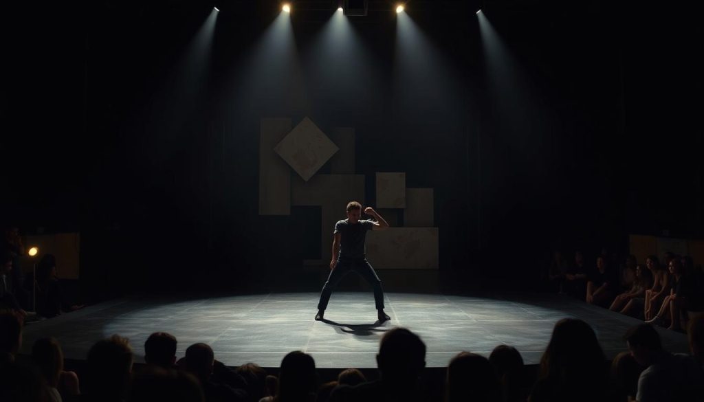 A dimly lit, avant-garde theater stage with a striking, asymmetrical set design. The foreground features a lone performer enacting a provocative, physical movement piece, breaking the fourth wall and engaging the audience in an immersive experience. Dramatic, moody lighting casts deep shadows, creating an atmosphere of tension and intimacy. The middle ground showcases a sparse, abstract set with geometric shapes and textures, hinting at the unconventional nature of the performance. In the background, the audience is visible, their faces illuminated by the stage lights, their reactions and interactions with the performer integral to the unfolding spectacle. The overall impression is one of a transformative, boundary-pushing theatrical event that challenges traditional notions of performance and audience engagement. A dimly lit, avant-garde theater stage with a striking, asymmetrical set design. The foreground features a lone performer enacting a provocative, physical movement piece, breaking the fourth wall and engaging the audience in an immersive experience. Dramatic, moody lighting casts deep shadows, creating an atmosphere of tension and intimacy. The middle ground showcases a sparse, abstract set with geometric shapes and textures, hinting at the unconventional nature of the performance. In the background, the audience is visible, their faces illuminated by the stage lights, their reactions and interactions with the performer integral to the unfolding spectacle. The overall impression is one of a transformative, boundary-pushing theatrical event that challenges traditional notions of performance and audience engagement.