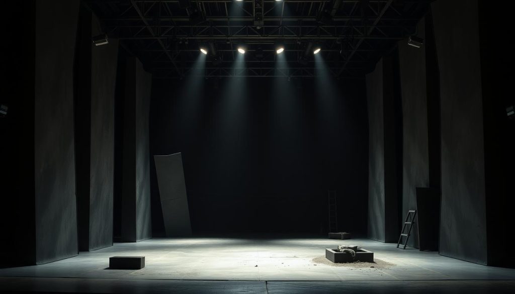 A dimly lit, avant-garde theater stage with a striking, boundary-pushing set design. Towering, angular structures of jagged metal and glass create an unsettling, industrial atmosphere. Dramatic, moody lighting casts sharp shadows, guiding the viewer's eye towards the center of the stage. Minimalist props and set pieces suggest a focus on physical movement and abstract storytelling, breaking away from traditional staging conventions. The overall scene evokes a sense of unease and experimentation, reflecting the gritty, unconventional nature of the "Mud" production. A dimly lit, avant-garde theater stage with a striking, boundary-pushing set design. Towering, angular structures of jagged metal and glass create an unsettling, industrial atmosphere. Dramatic, moody lighting casts sharp shadows, guiding the viewer's eye towards the center of the stage. Minimalist props and set pieces suggest a focus on physical movement and abstract storytelling, breaking away from traditional staging conventions. The overall scene evokes a sense of unease and experimentation, reflecting the gritty, unconventional nature of the "Mud" production.
