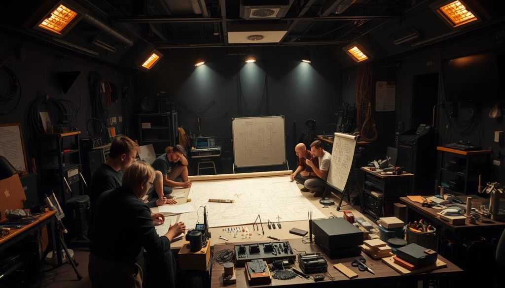 A dimly lit backstage area of a theater, filled with a sense of creative energy and innovation. In the foreground, a group of technicians and designers huddle around a drafting table, sketching out plans and schematics for a new set design. Intricate models and prototypes litter the workbenches, while a rolling whiteboard in the middle of the room showcases a web of ideas and problem-solving strategies. Soft, warm lighting from overhead fixtures casts a glow over the scene, highlighting the focused expressions and collaborative spirit of the team. In the background, a tangle of cables, tools, and theater equipment hint at the complex machinery that brings the stage to life. An atmosphere of problem-solving, experimentation, and artistic vision permeates the space. A dimly lit backstage area of a theater, filled with a sense of creative energy and innovation. In the foreground, a group of technicians and designers huddle around a drafting table, sketching out plans and schematics for a new set design. Intricate models and prototypes litter the workbenches, while a rolling whiteboard in the middle of the room showcases a web of ideas and problem-solving strategies. Soft, warm lighting from overhead fixtures casts a glow over the scene, highlighting the focused expressions and collaborative spirit of the team. In the background, a tangle of cables, tools, and theater equipment hint at the complex machinery that brings the stage to life. An atmosphere of problem-solving, experimentation, and artistic vision permeates the space.