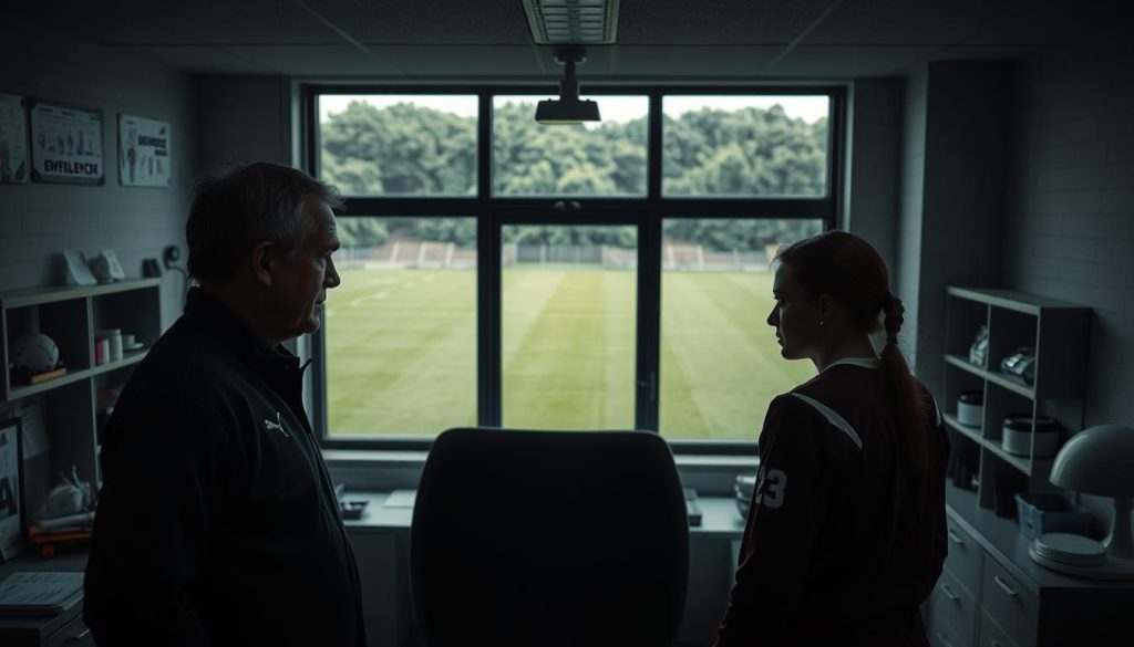 A dimly lit sports psychology lab, with a large window overlooking a lush, verdant sports field. In the foreground, a coach and an athlete engaged in an intense discussion, their expressions intense and focused. Muted tones of gray, blue, and green create a contemplative atmosphere. Overhead lighting casts dramatic shadows, emphasizing the tension and concentration of the scene. The background features shelves of sports science equipment, medical diagrams, and motivational imagery, hinting at the psychological tactics and strategies at play both on and off the field. A dimly lit sports psychology lab, with a large window overlooking a lush, verdant sports field. In the foreground, a coach and an athlete engaged in an intense discussion, their expressions intense and focused. Muted tones of gray, blue, and green create a contemplative atmosphere. Overhead lighting casts dramatic shadows, emphasizing the tension and concentration of the scene. The background features shelves of sports science equipment, medical diagrams, and motivational imagery, hinting at the psychological tactics and strategies at play both on and off the field.