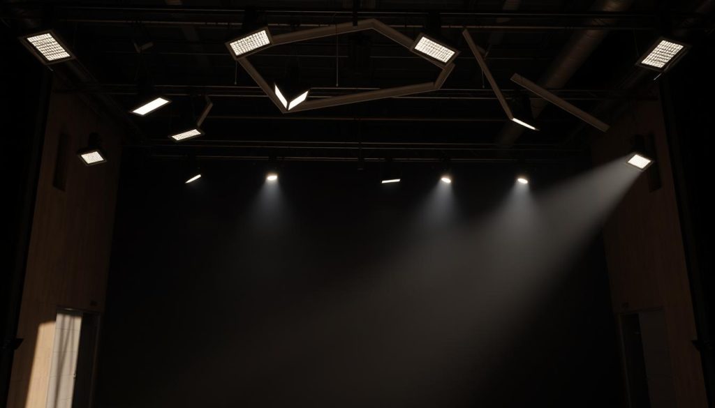 A dimly lit stage with a modernist, geometric lighting design suspended overhead. The luminaires are sharp-edged and angular, casting dramatic shadows and pools of light across the empty space. The lighting system is exposed, with visible conduits and cables, lending an industrial, utilitarian aesthetic. The background is blurred, hinting at the theater's architecture - perhaps concrete walls or a high, open ceiling. The overall mood is one of bold, minimalist design, emphasizing the interplay of light and shadow to create a striking, avant-garde visual atmosphere befitting a daring, contemporary theatrical production. A dimly lit stage with a modernist, geometric lighting design suspended overhead. The luminaires are sharp-edged and angular, casting dramatic shadows and pools of light across the empty space. The lighting system is exposed, with visible conduits and cables, lending an industrial, utilitarian aesthetic. The background is blurred, hinting at the theater's architecture - perhaps concrete walls or a high, open ceiling. The overall mood is one of bold, minimalist design, emphasizing the interplay of light and shadow to create a striking, avant-garde visual atmosphere befitting a daring, contemporary theatrical production.