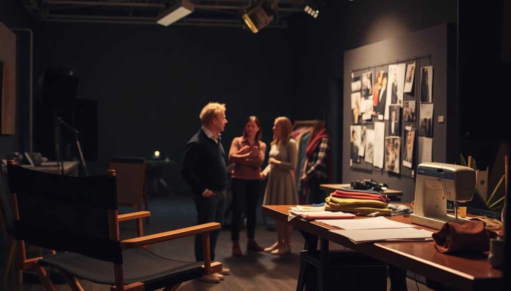 A dimly lit studio space, with a large director's chair and a costume designer's workstation in the foreground. On the workstation, fabric swatches, sketches, and a sewing machine create an atmosphere of creative collaboration. In the middle ground, the director and designer are engaged in an animated discussion, gesturing towards mood boards and reference images pinned to the wall. Soft, warm lighting casts shadows that suggest the intensity of their creative process. The background is blurred, hinting at the broader production underway, creating a sense of the interconnected nature of their work. A dimly lit studio space, with a large director's chair and a costume designer's workstation in the foreground. On the workstation, fabric swatches, sketches, and a sewing machine create an atmosphere of creative collaboration. In the middle ground, the director and designer are engaged in an animated discussion, gesturing towards mood boards and reference images pinned to the wall. Soft, warm lighting casts shadows that suggest the intensity of their creative process. The background is blurred, hinting at the broader production underway, creating a sense of the interconnected nature of their work.