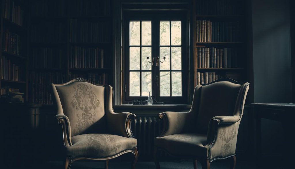 A dimly lit study, shelves of weathered books casting shadows across a pair of antique armchairs. The chairs, worn and well-loved, stand in silent contemplation, their forms reflecting the somber, introspective mood of a European drama analysis. Soft natural light filters through a window, illuminating the scene with a melancholic glow. The overall atmosphere evokes a sense of intellectual discourse, the chairs serving as silent witnesses to the deep examination of the human condition that takes place within this space. A dimly lit study, shelves of weathered books casting shadows across a pair of antique armchairs. The chairs, worn and well-loved, stand in silent contemplation, their forms reflecting the somber, introspective mood of a European drama analysis. Soft natural light filters through a window, illuminating the scene with a melancholic glow. The overall atmosphere evokes a sense of intellectual discourse, the chairs serving as silent witnesses to the deep examination of the human condition that takes place within this space.