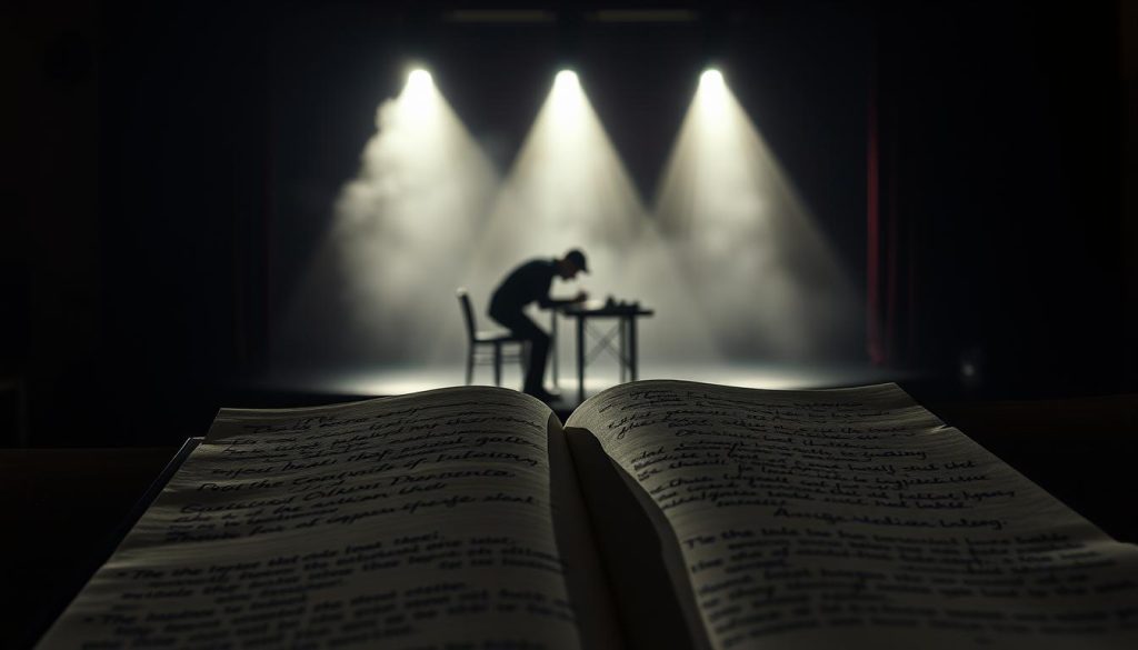 A dimly lit theater stage, illuminated by experimental lighting techniques. In the foreground, a script lies open, its pages filled with unique notation and gestural marks, hinting at innovative approaches to playwriting. The middle ground features a shadowy figure hunched over a desk, pen in hand, meticulously crafting new dramatic forms. In the background, the stage itself is shrouded in a hazy, atmospheric glow, evoking a sense of boundless creative potential. The scene exudes a mood of contemplative exploration, where the boundaries of traditional theater are pushed and reimagined. A dimly lit theater stage, illuminated by experimental lighting techniques. In the foreground, a script lies open, its pages filled with unique notation and gestural marks, hinting at innovative approaches to playwriting. The middle ground features a shadowy figure hunched over a desk, pen in hand, meticulously crafting new dramatic forms. In the background, the stage itself is shrouded in a hazy, atmospheric glow, evoking a sense of boundless creative potential. The scene exudes a mood of contemplative exploration, where the boundaries of traditional theater are pushed and reimagined.