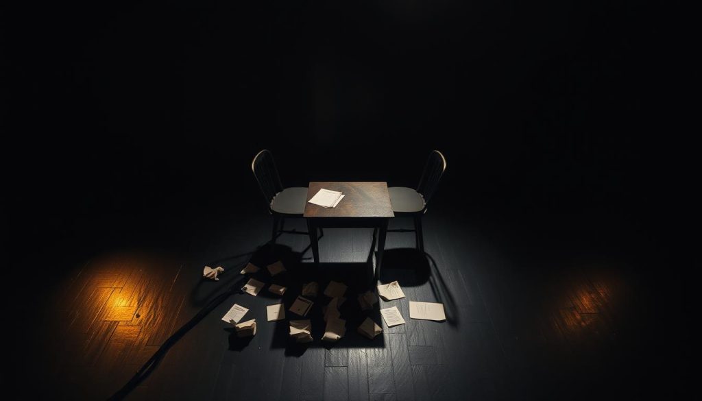 A dimly lit theater stage, the edges shrouded in shadows. In the center, a table and two chairs sit, their angular forms casting elongated shadows. Scattered around them, crumpled pages and hastily scribbled notes hint at the dramaturgical analysis being conducted. The lighting is moody, with warm pools of light illuminating specific areas, creating a sense of contemplation and close examination. The camera angle is slightly elevated, giving the viewer a bird's-eye perspective, as if they are an unseen observer of this intellectual exploration of Beckett's stage directions. A dimly lit theater stage, the edges shrouded in shadows. In the center, a table and two chairs sit, their angular forms casting elongated shadows. Scattered around them, crumpled pages and hastily scribbled notes hint at the dramaturgical analysis being conducted. The lighting is moody, with warm pools of light illuminating specific areas, creating a sense of contemplation and close examination. The camera angle is slightly elevated, giving the viewer a bird's-eye perspective, as if they are an unseen observer of this intellectual exploration of Beckett's stage directions.