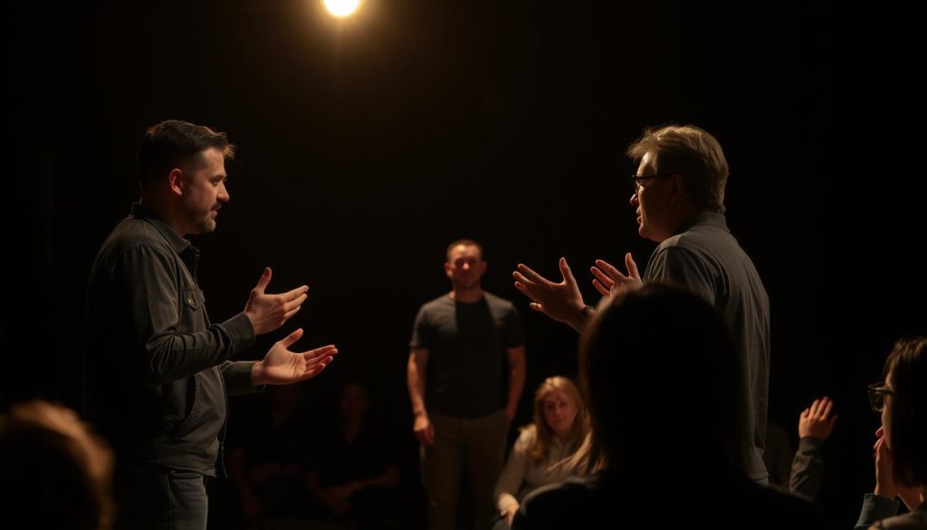 A dimly lit theater stage, the spotlight's warm glow illuminating a group of actors engaged in an intense, improvisational performance. In the foreground, two actors face each other, gesturing emphatically as they explore the nuances of their characters' emotional journey. In the middle ground, a third actor observes, their body language reflecting deep contemplation. In the background, the shadowy silhouettes of the audience members are visible, their rapt attention palpable. The scene exudes a sense of spontaneity and raw, authentic expression, inviting the viewer to become a part of the creative process unfolding before them. A dimly lit theater stage, the spotlight's warm glow illuminating a group of actors engaged in an intense, improvisational performance. In the foreground, two actors face each other, gesturing emphatically as they explore the nuances of their characters' emotional journey. In the middle ground, a third actor observes, their body language reflecting deep contemplation. In the background, the shadowy silhouettes of the audience members are visible, their rapt attention palpable. The scene exudes a sense of spontaneity and raw, authentic expression, inviting the viewer to become a part of the creative process unfolding before them.