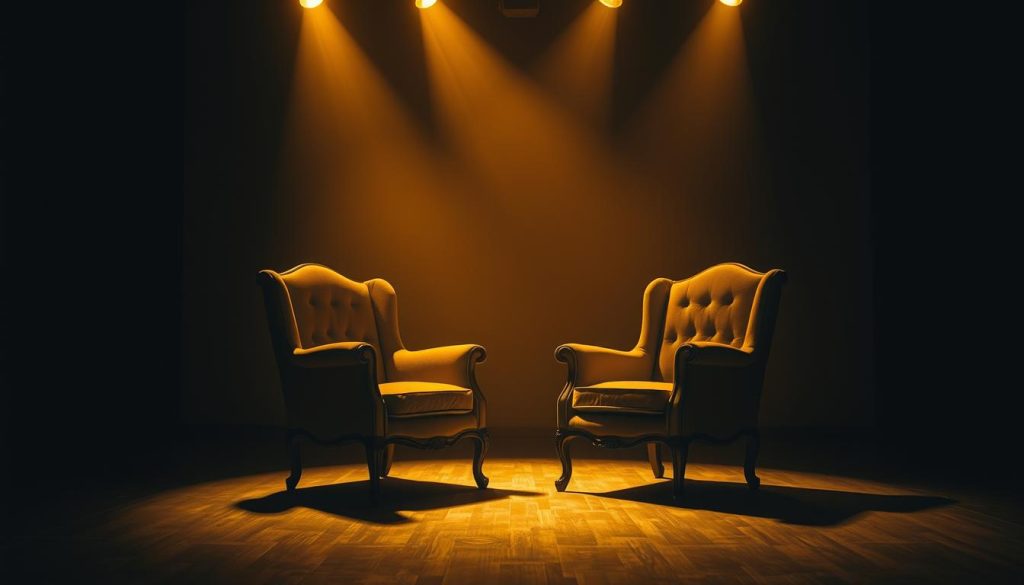 A dimly lit, theatrical stage with a pair of antique, velvet armchairs standing center stage. The chairs are positioned at an angle, facing each other, as if engaged in a game of chance. Pools of warm, golden light illuminate the scene, casting dramatic shadows and adding an air of mystery. In the background, a swirling, abstract pattern of geometric shapes and lines suggests the existential, absurdist nature of the setting. The overall atmosphere is one of both lighthearted whimsy and profound philosophical contemplation, inviting the viewer to ponder the nature of chance, fate, and the human condition. A dimly lit, theatrical stage with a pair of antique, velvet armchairs standing center stage. The chairs are positioned at an angle, facing each other, as if engaged in a game of chance. Pools of warm, golden light illuminate the scene, casting dramatic shadows and adding an air of mystery. In the background, a swirling, abstract pattern of geometric shapes and lines suggests the existential, absurdist nature of the setting. The overall atmosphere is one of both lighthearted whimsy and profound philosophical contemplation, inviting the viewer to ponder the nature of chance, fate, and the human condition.