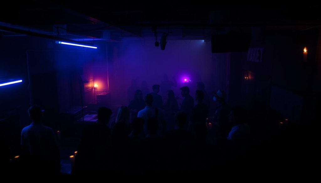 A dimly lit underground space, illuminated by pulsing neon lights and flickering candles. In the foreground, a group of artists gathered around a makeshift stage, their faces obscured by shadows as they immerse themselves in their creative process. In the middle ground, a crowd of patrons and art enthusiasts mingle, their silhouettes casting abstract shapes on the walls. The background is shrouded in a hazy, atmospheric mist, hinting at the depth and mystery of this hidden artistic enclave. The scene is captured with a wide-angle lens, creating a sense of immersion and intimacy, drawing the viewer into the heart of this vibrant, underground arts scene. A dimly lit underground space, illuminated by pulsing neon lights and flickering candles. In the foreground, a group of artists gathered around a makeshift stage, their faces obscured by shadows as they immerse themselves in their creative process. In the middle ground, a crowd of patrons and art enthusiasts mingle, their silhouettes casting abstract shapes on the walls. The background is shrouded in a hazy, atmospheric mist, hinting at the depth and mystery of this hidden artistic enclave. The scene is captured with a wide-angle lens, creating a sense of immersion and intimacy, drawing the viewer into the heart of this vibrant, underground arts scene.