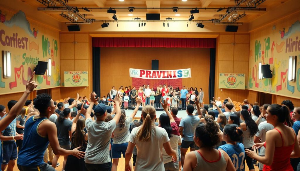 A diverse group of athletes and performers gathered in a vibrant theater setting, showcasing the power of sports, arts, and community. In the foreground, a mix of people from various backgrounds engage in dynamic athletic activities, their movements captured in a burst of energy. In the middle ground, a stage takes center stage, with performers of all ages and abilities sharing the spotlight, celebrating the inclusivity of the arts. The background is filled with a warm, inviting auditorium, its walls adorned with vibrant murals and banners that amplify the message of diversity and togetherness. Soft, natural lighting filters through the space, creating a welcoming and inspiring atmosphere. A diverse group of athletes and performers gathered in a vibrant theater setting, showcasing the power of sports, arts, and community. In the foreground, a mix of people from various backgrounds engage in dynamic athletic activities, their movements captured in a burst of energy. In the middle ground, a stage takes center stage, with performers of all ages and abilities sharing the spotlight, celebrating the inclusivity of the arts. The background is filled with a warm, inviting auditorium, its walls adorned with vibrant murals and banners that amplify the message of diversity and togetherness. Soft, natural lighting filters through the space, creating a welcoming and inspiring atmosphere.