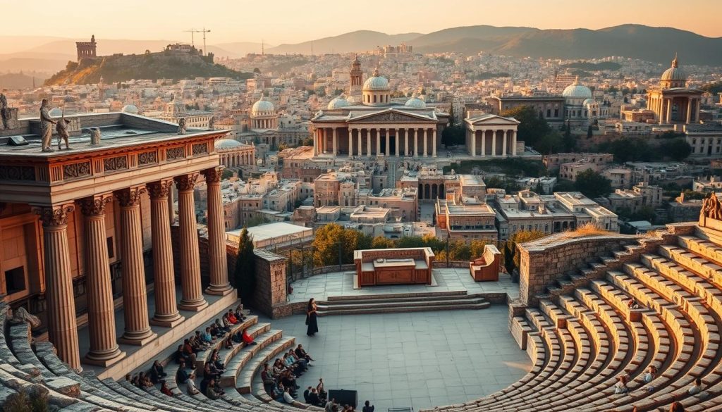 A grand ancient Greek theater in the foreground, its ornate columns and tiered seating carved into a hillside. In the middle ground, actors in traditional masks and togas perform on a raised stage, gesturing dramatically. In the background, a sprawling city skyline with domed temples and towering statues, bathed in warm golden light from the setting sun. The scene exudes a sense of timeless cultural legacy, a lasting testament to the enduring influence of ancient Greek theater on modern dramatic arts. A grand ancient Greek theater in the foreground, its ornate columns and tiered seating carved into a hillside. In the middle ground, actors in traditional masks and togas perform on a raised stage, gesturing dramatically. In the background, a sprawling city skyline with domed temples and towering statues, bathed in warm golden light from the setting sun. The scene exudes a sense of timeless cultural legacy, a lasting testament to the enduring influence of ancient Greek theater on modern dramatic arts.