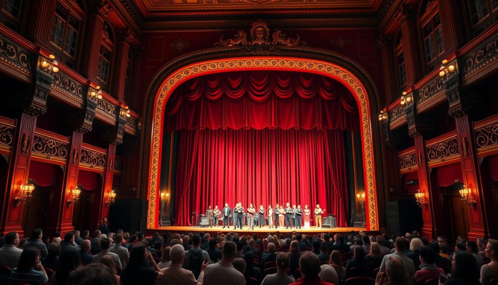 A grand, ornate theater with a striking red facade and intricate architectural details. Towering columns flank the entrance, leading to a lavish lobby filled with gilded accents and plush velvet furnishings. The stage is set against a backdrop of rich, burgundy curtains, illuminated by warm, ambient lighting that casts a cozy glow. Audience members file into the tiered seating, eager to experience the captivating performance of the Red Carol ensemble. The venue exudes a sense of historic elegance and cultural vibrancy, perfectly suited to host the socially conscious, artistically driven shows. A grand, ornate theater with a striking red facade and intricate architectural details. Towering columns flank the entrance, leading to a lavish lobby filled with gilded accents and plush velvet furnishings. The stage is set against a backdrop of rich, burgundy curtains, illuminated by warm, ambient lighting that casts a cozy glow. Audience members file into the tiered seating, eager to experience the captivating performance of the Red Carol ensemble. The venue exudes a sense of historic elegance and cultural vibrancy, perfectly suited to host the socially conscious, artistically driven shows.
