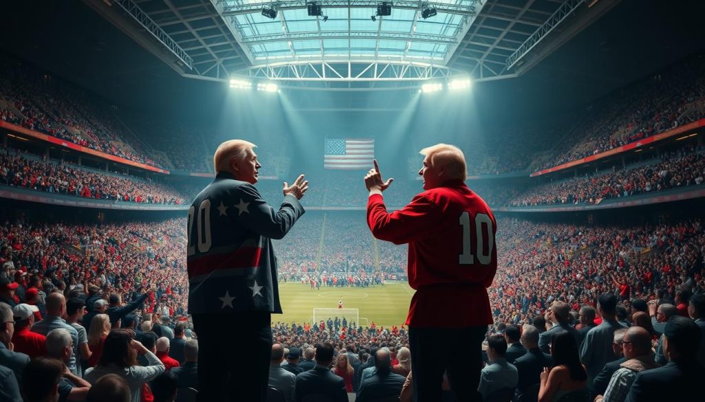 A grand stadium, its stands filled with cheering crowds, becomes the backdrop for a political discourse. In the center, two figures - one dressed in the colors of the home team, the other in the rival's jersey - engage in a heated debate, their gestures and postures mimicking the intensity of a hard-fought game. The lighting casts dramatic shadows, creating a sense of tension and high stakes, as if the outcome will determine the very fate of the nation. The crowd's roar echoes, blurring the line between the arena of sport and the arena of politics, where the public watches, captivated by the spectacle unfolding before them. A grand stadium, its stands filled with cheering crowds, becomes the backdrop for a political discourse. In the center, two figures - one dressed in the colors of the home team, the other in the rival's jersey - engage in a heated debate, their gestures and postures mimicking the intensity of a hard-fought game. The lighting casts dramatic shadows, creating a sense of tension and high stakes, as if the outcome will determine the very fate of the nation. The crowd's roar echoes, blurring the line between the arena of sport and the arena of politics, where the public watches, captivated by the spectacle unfolding before them.