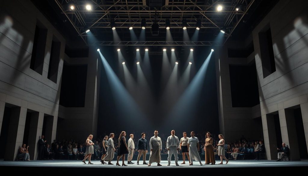 A grand theater stage set in a modern, minimalist style, with bold architectural lines and sleek, angular forms. Overhead, a dramatic lighting rig casts dramatic shadows and highlights, creating an atmosphere of anticipation. In the foreground, a group of actors stand ready, dressed in stylized, contemporary costumes that suggest the essence of ancient Greek theater. The background is blurred, hinting at a packed audience, eager to witness the reimagining of a classic comedic masterpiece. The overall mood is one of dynamic tension, blending the timeless spirit of Greek drama with a bold, visually striking interpretation for a modern audience. A grand theater stage set in a modern, minimalist style, with bold architectural lines and sleek, angular forms. Overhead, a dramatic lighting rig casts dramatic shadows and highlights, creating an atmosphere of anticipation. In the foreground, a group of actors stand ready, dressed in stylized, contemporary costumes that suggest the essence of ancient Greek theater. The background is blurred, hinting at a packed audience, eager to witness the reimagining of a classic comedic masterpiece. The overall mood is one of dynamic tension, blending the timeless spirit of Greek drama with a bold, visually striking interpretation for a modern audience.