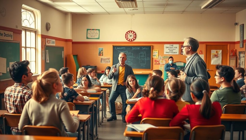 A lively classroom scene set in a retro, mid-century American schoolhouse. In the foreground, a diverse group of students sit attentively, gazing up at a charismatic teacher dressed in a stylish cardigan, gesturing expressively as they discuss concepts of satire and social commentary. The middle ground features colorful teaching aids, from vintage chalkboards to quirky visual aids, conveying a sense of playful, intellectual exploration. The background showcases a panoramic view of the school, with architectural details that evoke the era's distinctive charm, bathed in warm, natural lighting that sets a mood of nostalgic optimism. The overall atmosphere suggests a dynamic, forward-thinking approach to teaching the art of social satire in the American education system. A lively classroom scene set in a retro, mid-century American schoolhouse. In the foreground, a diverse group of students sit attentively, gazing up at a charismatic teacher dressed in a stylish cardigan, gesturing expressively as they discuss concepts of satire and social commentary. The middle ground features colorful teaching aids, from vintage chalkboards to quirky visual aids, conveying a sense of playful, intellectual exploration. The background showcases a panoramic view of the school, with architectural details that evoke the era's distinctive charm, bathed in warm, natural lighting that sets a mood of nostalgic optimism. The overall atmosphere suggests a dynamic, forward-thinking approach to teaching the art of social satire in the American education system.
