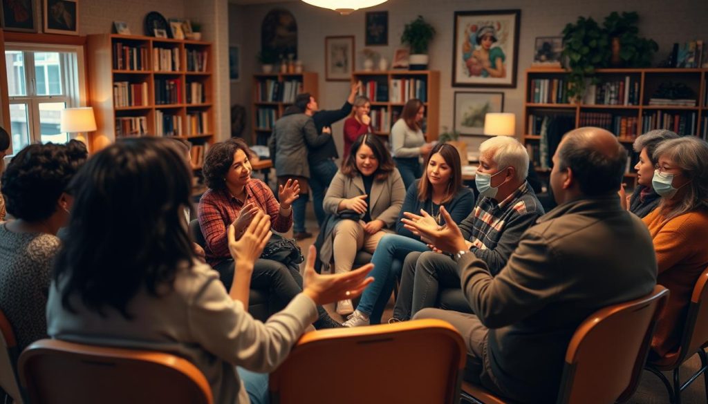 A lively community gathering, with people of diverse backgrounds engaged in thoughtful discussion. The foreground depicts a circle of chairs, where individuals lean in, gesticulating animatedly as they share their perspectives. Soft, warm lighting casts a inviting glow, setting a tone of openness and mutual understanding. In the middle ground, smaller breakout groups form, diving deeper into specific issues. The background showcases a cozy, welcoming space - perhaps a community center or public library - filled with bookshelves, artwork, and other elements that foster a sense of intellectual and civic engagement. An atmosphere of respectful dialogue, collaborative problem-solving, and collective empowerment permeates the scene. A lively community gathering, with people of diverse backgrounds engaged in thoughtful discussion. The foreground depicts a circle of chairs, where individuals lean in, gesticulating animatedly as they share their perspectives. Soft, warm lighting casts a inviting glow, setting a tone of openness and mutual understanding. In the middle ground, smaller breakout groups form, diving deeper into specific issues. The background showcases a cozy, welcoming space - perhaps a community center or public library - filled with bookshelves, artwork, and other elements that foster a sense of intellectual and civic engagement. An atmosphere of respectful dialogue, collaborative problem-solving, and collective empowerment permeates the scene.