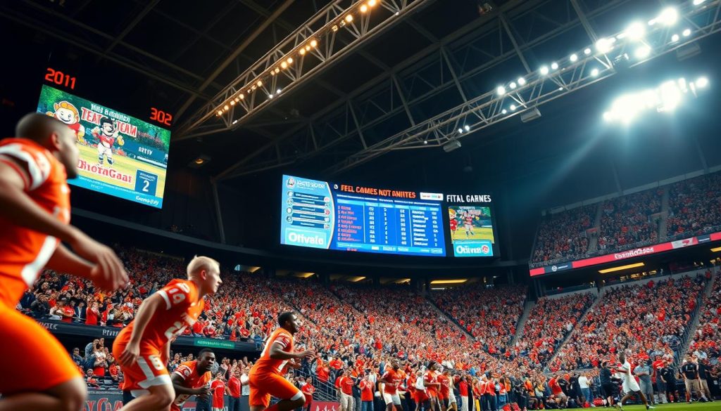 A lively sports arena with a large digital scoreboard displaying game statistics and team logos. In the foreground, athletes in vibrant uniforms are captured mid-action, their dynamic movements frozen in time. The middle ground features a crowd of enthusiastic spectators, their faces animated with cheers and applause. In the background, towering stadium lights cast a warm, theatrical glow over the scene, creating a sense of energy and anticipation. The composition is shot from a low angle, emphasizing the scale and spectacle of the event, with a crisp, high-definition photographic style. A lively sports arena with a large digital scoreboard displaying game statistics and team logos. In the foreground, athletes in vibrant uniforms are captured mid-action, their dynamic movements frozen in time. The middle ground features a crowd of enthusiastic spectators, their faces animated with cheers and applause. In the background, towering stadium lights cast a warm, theatrical glow over the scene, creating a sense of energy and anticipation. The composition is shot from a low angle, emphasizing the scale and spectacle of the event, with a crisp, high-definition photographic style.