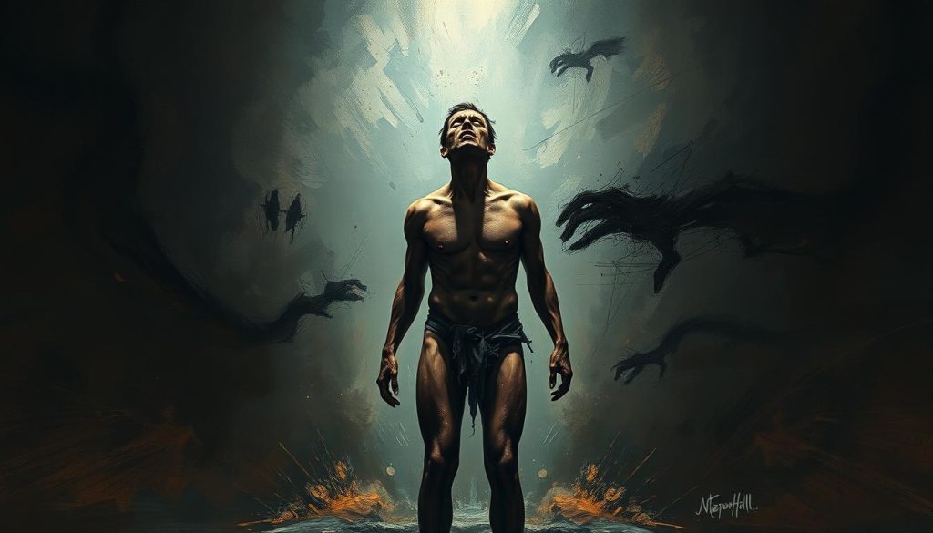 A lone figure, their body contorted in raw, visceral anguish, stands center stage under harsh, dramatic lighting. Shadows cast deep, ominous hollows across their features, conveying a profound psychological turmoil. The background is a swirling, abstracted maelstrom of chaotic brushstrokes and moody hues, mirroring the subject's inner turmoil. The lens is angled slightly upward, adding a sense of towering, overwhelming intensity. Textures are gritty, with an impasto-like quality, heightening the tactile, emotive quality. The overall atmosphere is one of intense, expressionistic drama - a powerful, unsettling manifestation of the "Anatomy of a Breakdown". A lone figure, their body contorted in raw, visceral anguish, stands center stage under harsh, dramatic lighting. Shadows cast deep, ominous hollows across their features, conveying a profound psychological turmoil. The background is a swirling, abstracted maelstrom of chaotic brushstrokes and moody hues, mirroring the subject's inner turmoil. The lens is angled slightly upward, adding a sense of towering, overwhelming intensity. Textures are gritty, with an impasto-like quality, heightening the tactile, emotive quality. The overall atmosphere is one of intense, expressionistic drama - a powerful, unsettling manifestation of the "Anatomy of a Breakdown".