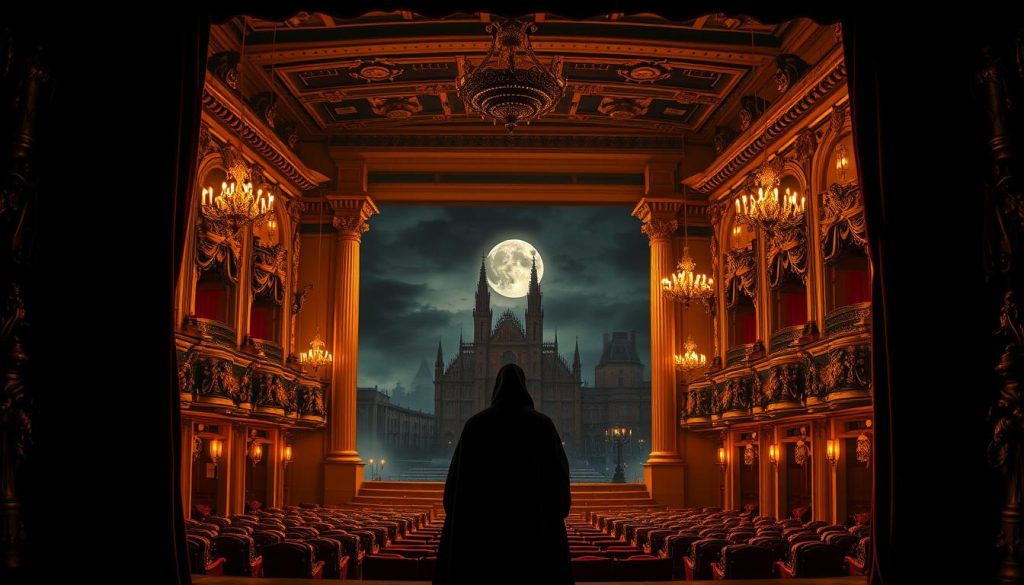 A lush, ornate European theater stage, dimly lit with a warm, golden glow. In the foreground, a velvet curtain parts to reveal a shadowy, mysterious figure in a black cloak. The middle ground showcases grand opera boxes, adorned with intricate carvings and opulent chandeliers. In the background, a sweeping, majestic backdrop depicts a moonlit cityscape, with gothic spires and fog-shrouded streets. The atmosphere is one of anticipation, suspense, and the allure of the unknown, perfectly suited for an upcoming production of a classic European mystery theater performance. A lush, ornate European theater stage, dimly lit with a warm, golden glow. In the foreground, a velvet curtain parts to reveal a shadowy, mysterious figure in a black cloak. The middle ground showcases grand opera boxes, adorned with intricate carvings and opulent chandeliers. In the background, a sweeping, majestic backdrop depicts a moonlit cityscape, with gothic spires and fog-shrouded streets. The atmosphere is one of anticipation, suspense, and the allure of the unknown, perfectly suited for an upcoming production of a classic European mystery theater performance.