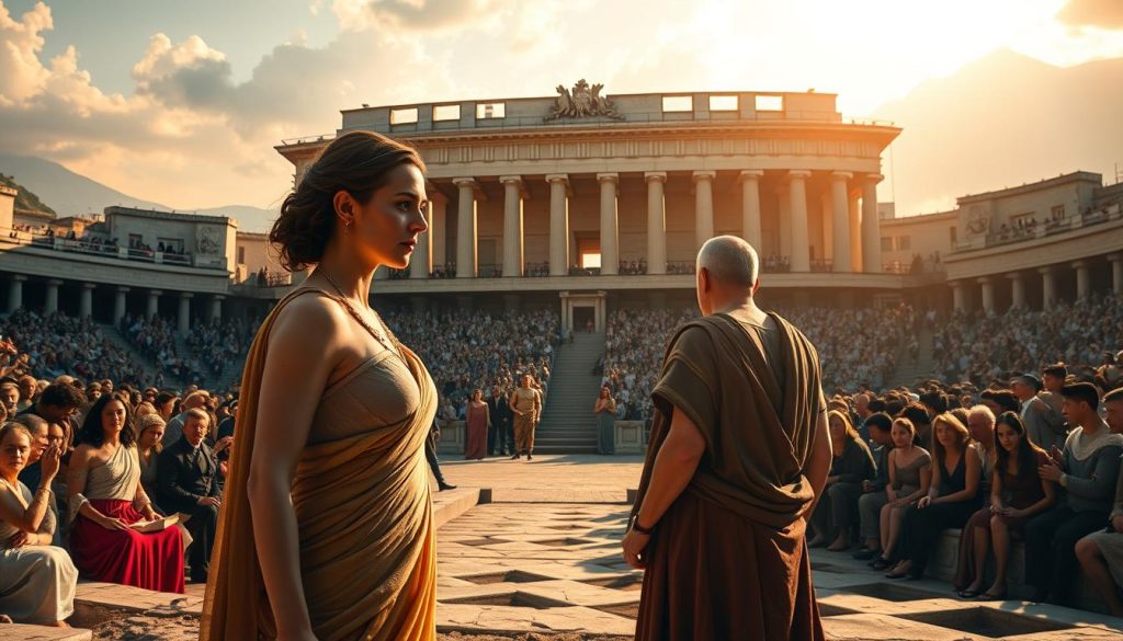 A majestic Greek theater set against the backdrop of the ancient Olympic Games. In the foreground, Antigone stands defiantly, her gaze unwavering, as she confronts the powerful ruler Creon. The middle ground is filled with spectators, their faces etched with a mix of awe and unease, bearing witness to this ethical clash. The grand stadium looms in the distance, its columns and arches bathed in warm, golden light, a testament to the glory and complexity of the Greek sporting tradition. Shadows dance across the scene, hinting at the deeper philosophical questions at the heart of this dramatic conflict. The atmosphere is one of heightened tension, where the pursuit of victory clashes with the unyielding demands of moral principle. A majestic Greek theater set against the backdrop of the ancient Olympic Games. In the foreground, Antigone stands defiantly, her gaze unwavering, as she confronts the powerful ruler Creon. The middle ground is filled with spectators, their faces etched with a mix of awe and unease, bearing witness to this ethical clash. The grand stadium looms in the distance, its columns and arches bathed in warm, golden light, a testament to the glory and complexity of the Greek sporting tradition. Shadows dance across the scene, hinting at the deeper philosophical questions at the heart of this dramatic conflict. The atmosphere is one of heightened tension, where the pursuit of victory clashes with the unyielding demands of moral principle.