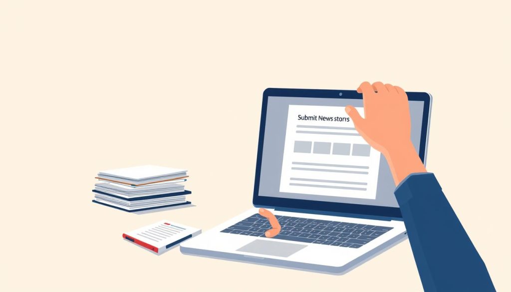 A modern and minimalist illustration of the news submission process. In the foreground, a hand hovers over a laptop, fingers poised to type. The screen displays a simple, elegant interface for submitting news stories or tips. In the middle ground, a stack of papers and a reporter's notebook suggest the research and preparation that goes into crafting a compelling news piece. The background is a soft, neutral gradient, allowing the essential elements to take center stage. Warm, natural lighting casts a gentle glow, creating a sense of focus and professionalism. The overall mood is one of efficiency, clarity, and the thrill of sharing important information with the world. A modern and minimalist illustration of the news submission process. In the foreground, a hand hovers over a laptop, fingers poised to type. The screen displays a simple, elegant interface for submitting news stories or tips. In the middle ground, a stack of papers and a reporter's notebook suggest the research and preparation that goes into crafting a compelling news piece. The background is a soft, neutral gradient, allowing the essential elements to take center stage. Warm, natural lighting casts a gentle glow, creating a sense of focus and professionalism. The overall mood is one of efficiency, clarity, and the thrill of sharing important information with the world.