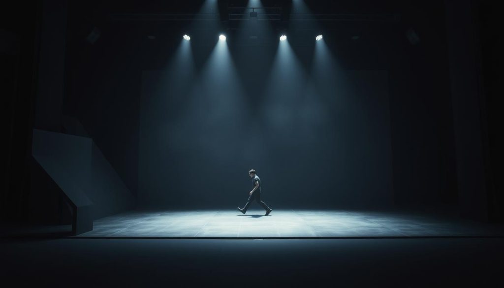 A modern avant-garde theater stage, bathed in a dramatic, atmospheric lighting. The foreground features a minimalist, angular set design with bold geometric shapes and clean lines, creating a stark, thought-provoking visual. In the middle ground, a lone, expressive performer moves across the stage, their movements fluid and emotive. The background is shrouded in deep shadows, adding to the sense of mystery and experimentation. The overall scene conveys a sense of innovation, a departure from traditional theater, and a desire to challenge and transform the audience's perceptions. A modern avant-garde theater stage, bathed in a dramatic, atmospheric lighting. The foreground features a minimalist, angular set design with bold geometric shapes and clean lines, creating a stark, thought-provoking visual. In the middle ground, a lone, expressive performer moves across the stage, their movements fluid and emotive. The background is shrouded in deep shadows, adding to the sense of mystery and experimentation. The overall scene conveys a sense of innovation, a departure from traditional theater, and a desire to challenge and transform the audience's perceptions.