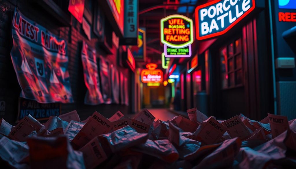 A neon-lit tableau of offshore betting sites' performance tickets, their garish glow illuminating a shadowy alleyway. In the foreground, the crumpled slips, stained with spilled drinks and cigarette ash, evoke the frenetic energy of high-stakes wagers. The middle ground features a row of tattered posters promoting the latest racing events, their edges curling in the damp air. In the background, the flickering neon signs of bookmaker's establishments cast an uneasy, moody light, hinting at the allure and peril of this world. The overall scene conveys a sense of the thrill and risk inherent in the pursuit of fortune through chance. A neon-lit tableau of offshore betting sites' performance tickets, their garish glow illuminating a shadowy alleyway. In the foreground, the crumpled slips, stained with spilled drinks and cigarette ash, evoke the frenetic energy of high-stakes wagers. The middle ground features a row of tattered posters promoting the latest racing events, their edges curling in the damp air. In the background, the flickering neon signs of bookmaker's establishments cast an uneasy, moody light, hinting at the allure and peril of this world. The overall scene conveys a sense of the thrill and risk inherent in the pursuit of fortune through chance.