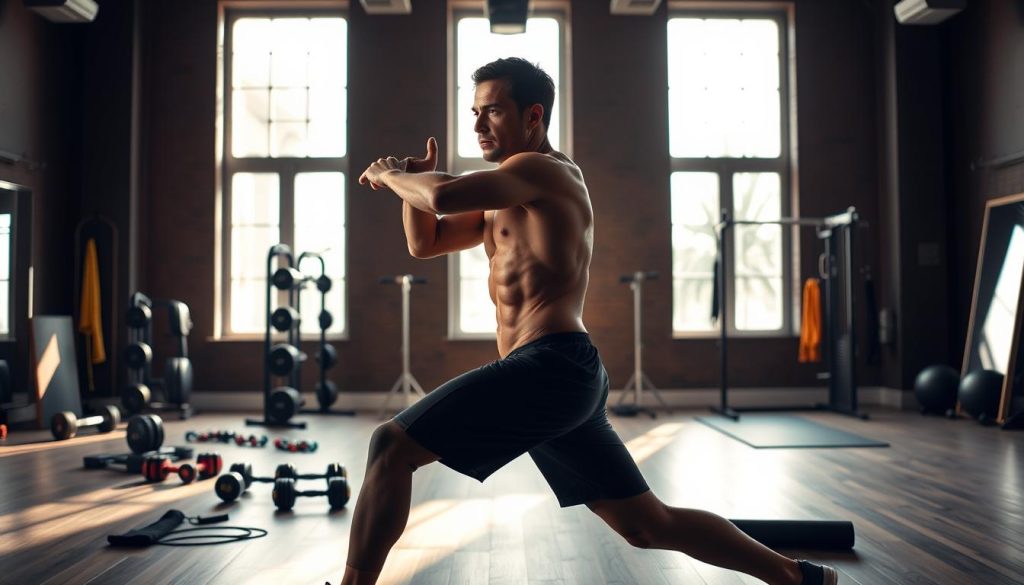 A professional actor, clad in athletic gear, performs a series of dynamic warm-up exercises in a well-lit, modern training studio. The foreground depicts the actor in mid-motion, muscles tensed as they stretch and lunge, preparing their body for the physical demands of an upcoming stage performance. The middle ground showcases various fitness equipment, including free weights, resistance bands, and a yoga mat, highlighting the actor's dedication to holistic physical preparation. In the background, large windows let in natural light, casting a warm, focused glow over the scene and creating a sense of energy and focus. The overall atmosphere conveys the actor's intense commitment to both their craft and physical well-being, essential elements of their performance preparation. A professional actor, clad in athletic gear, performs a series of dynamic warm-up exercises in a well-lit, modern training studio. The foreground depicts the actor in mid-motion, muscles tensed as they stretch and lunge, preparing their body for the physical demands of an upcoming stage performance. The middle ground showcases various fitness equipment, including free weights, resistance bands, and a yoga mat, highlighting the actor's dedication to holistic physical preparation. In the background, large windows let in natural light, casting a warm, focused glow over the scene and creating a sense of energy and focus. The overall atmosphere conveys the actor's intense commitment to both their craft and physical well-being, essential elements of their performance preparation.