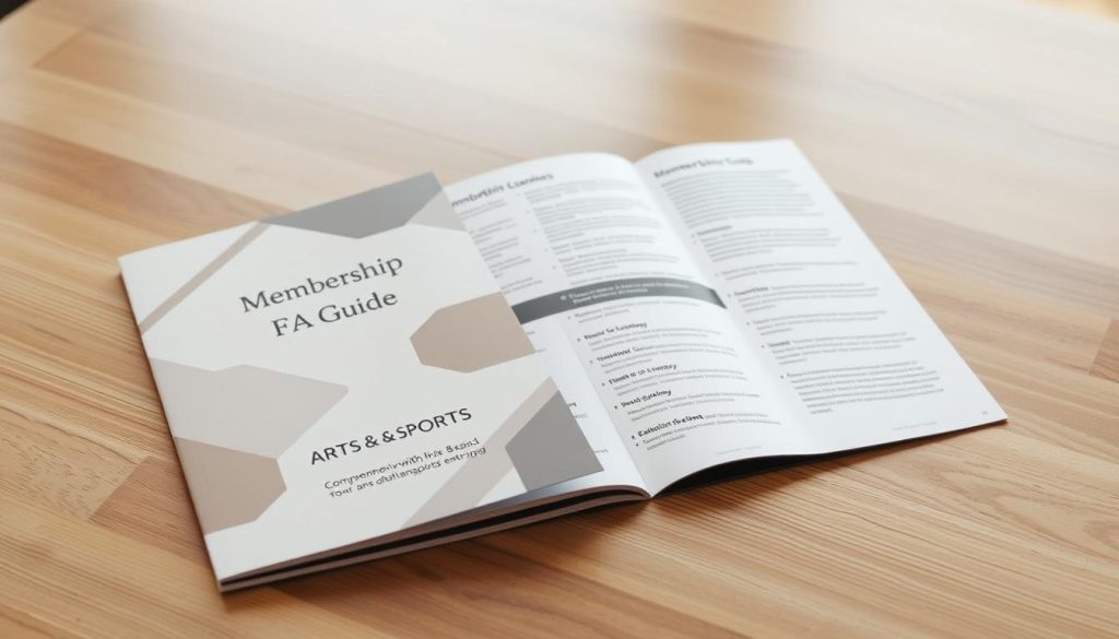 A sleek, modern brochure on a wooden table, showcasing a comprehensive "Membership FAQ Guide" for arts and sports enthusiasts. The cover features a clean, minimalist design with an abstract pattern in complementary tones. The pages inside are filled with informative, easy-to-read content, with well-organized sections and subtle icons to guide the reader. The lighting is soft and diffused, creating a warm, inviting atmosphere. The camera angle is slightly elevated, capturing the guide's details and layout in a visually appealing composition. A sleek, modern brochure on a wooden table, showcasing a comprehensive "Membership FAQ Guide" for arts and sports enthusiasts. The cover features a clean, minimalist design with an abstract pattern in complementary tones. The pages inside are filled with informative, easy-to-read content, with well-organized sections and subtle icons to guide the reader. The lighting is soft and diffused, creating a warm, inviting atmosphere. The camera angle is slightly elevated, capturing the guide's details and layout in a visually appealing composition.