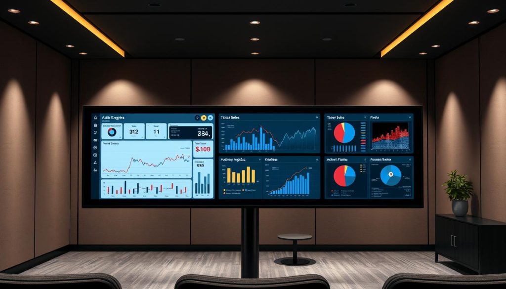 A sleek, modern theater analytics dashboard displays real-time data and insights. In the foreground, a large interactive screen shows audience engagement metrics, ticket sales, and audience demographics. In the middle ground, several data visualizations on adjacent monitors provide deeper analytical views. The background features a stylish, minimalist office setting with subdued lighting and clean lines, creating a professional and focused atmosphere conducive to data-driven decision making for the theater's management team. A sleek, modern theater analytics dashboard displays real-time data and insights. In the foreground, a large interactive screen shows audience engagement metrics, ticket sales, and audience demographics. In the middle ground, several data visualizations on adjacent monitors provide deeper analytical views. The background features a stylish, minimalist office setting with subdued lighting and clean lines, creating a professional and focused atmosphere conducive to data-driven decision making for the theater's management team.