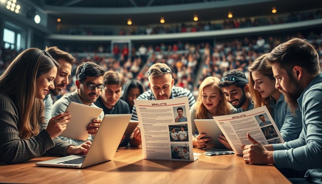 A sports newsletter audience engaged and immersed in the latest team updates and exclusive athlete interviews. In the foreground, a diverse group of fans huddled around a table, laptops and tablets in hand, eagerly reading the digital publication. The middle ground features a stylized layout of the newsletter, with clean typography, dynamic imagery, and interactive infographics. In the background, a stadium-like setting with spectators in the stands, creating a sense of energy and excitement. Warm, natural lighting illuminates the scene, casting a soft glow on the engaged audience. The overall mood is one of anticipation and connection, capturing the power of mailing lists to bring sports enthusiasts closer to their favorite teams and players. A sports newsletter audience engaged and immersed in the latest team updates and exclusive athlete interviews. In the foreground, a diverse group of fans huddled around a table, laptops and tablets in hand, eagerly reading the digital publication. The middle ground features a stylized layout of the newsletter, with clean typography, dynamic imagery, and interactive infographics. In the background, a stadium-like setting with spectators in the stands, creating a sense of energy and excitement. Warm, natural lighting illuminates the scene, casting a soft glow on the engaged audience. The overall mood is one of anticipation and connection, capturing the power of mailing lists to bring sports enthusiasts closer to their favorite teams and players.