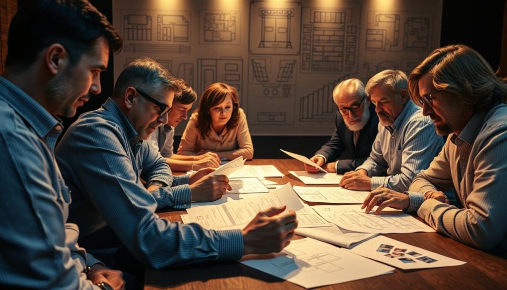 A team of theater directors gathered around a large table, deep in discussion. Soft, warm lighting illuminates their faces as they pore over scripts, sketches, and notes, their expressions intense and focused. In the background, a backdrop of intricate stage designs and technical diagrams hints at the complex logistics behind a major production. The atmosphere is one of collaborative strategy, where creative minds come together to shape the vision of a performance that will captivate the audience. A team of theater directors gathered around a large table, deep in discussion. Soft, warm lighting illuminates their faces as they pore over scripts, sketches, and notes, their expressions intense and focused. In the background, a backdrop of intricate stage designs and technical diagrams hints at the complex logistics behind a major production. The atmosphere is one of collaborative strategy, where creative minds come together to shape the vision of a performance that will captivate the audience.