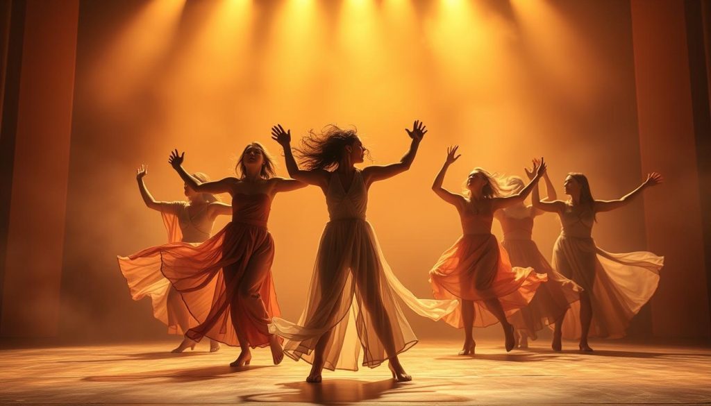 A theatrical stage bathed in warm, golden light. In the foreground, a group of empowered women in flowing, expressive garments engage in a transformative dance, their movements conveying a sense of liberation and empowerment. In the middle ground, abstract shapes and patterns create a dreamlike, surreal atmosphere, hinting at the power of imagination and self-discovery. The background is shrouded in a soft, ethereal haze, suggesting a realm of endless possibilities for these risk-taking performers. The overall mood is one of strength, vulnerability, and the transformative potential of feminist expression on stage. A theatrical stage bathed in warm, golden light. In the foreground, a group of empowered women in flowing, expressive garments engage in a transformative dance, their movements conveying a sense of liberation and empowerment. In the middle ground, abstract shapes and patterns create a dreamlike, surreal atmosphere, hinting at the power of imagination and self-discovery. The background is shrouded in a soft, ethereal haze, suggesting a realm of endless possibilities for these risk-taking performers. The overall mood is one of strength, vulnerability, and the transformative potential of feminist expression on stage.