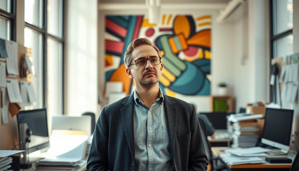 A thoughtful arts administrator stands at the center of a bustling office, surrounded by a collage of documents, calendars, and computer screens. Soft natural light filters through large windows, casting a warm glow on the scene. In the background, a vibrant abstract mural adorns the wall, representing the creative energy and vision that drives the arts career. The administrator's focused expression conveys a sense of purpose and strategic planning, hinting at the multifaceted responsibilities of this vital role. Subtle, minimalist design elements suggest the professionalism and organization required to navigate the dynamic world of arts administration. A thoughtful arts administrator stands at the center of a bustling office, surrounded by a collage of documents, calendars, and computer screens. Soft natural light filters through large windows, casting a warm glow on the scene. In the background, a vibrant abstract mural adorns the wall, representing the creative energy and vision that drives the arts career. The administrator's focused expression conveys a sense of purpose and strategic planning, hinting at the multifaceted responsibilities of this vital role. Subtle, minimalist design elements suggest the professionalism and organization required to navigate the dynamic world of arts administration.