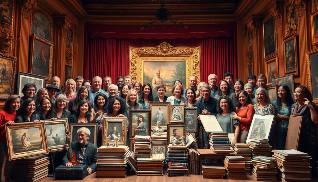 A vibrant and inspiring scene of "general artist submission success stories". In the foreground, a group of diverse artists, from painters and sculptors to musicians and writers, are gathered together, their faces alight with joy and pride as they celebrate their achievements. The middle ground features a collection of their creative works - paintings, sculptures, musical instruments, and stacks of manuscripts - all displayed with a sense of reverence and accomplishment. In the background, a grand, ornate stage sets the scene, hinting at the prestigious recognition and accolades these artists have received. The lighting is warm and golden, casting a celebratory glow over the entire composition. The overall mood is one of triumph, camaraderie, and the power of artistic expression to transcend boundaries and inspire others. A vibrant and inspiring scene of "general artist submission success stories". In the foreground, a group of diverse artists, from painters and sculptors to musicians and writers, are gathered together, their faces alight with joy and pride as they celebrate their achievements. The middle ground features a collection of their creative works - paintings, sculptures, musical instruments, and stacks of manuscripts - all displayed with a sense of reverence and accomplishment. In the background, a grand, ornate stage sets the scene, hinting at the prestigious recognition and accolades these artists have received. The lighting is warm and golden, casting a celebratory glow over the entire composition. The overall mood is one of triumph, camaraderie, and the power of artistic expression to transcend boundaries and inspire others.