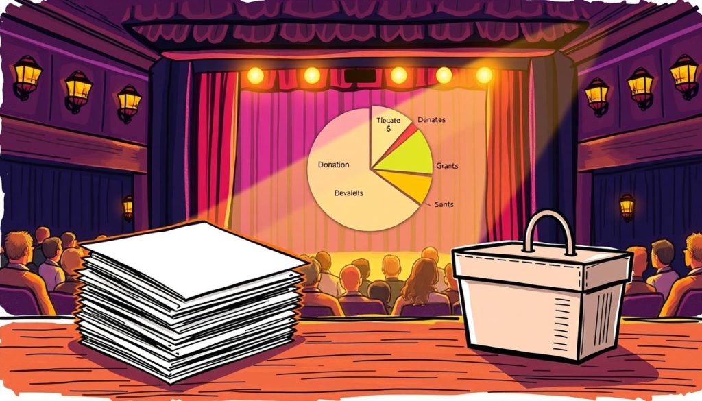 A vibrant, hand-drawn illustration of a nonprofit theater's financial breakdown. In the foreground, a stack of donation envelopes and a collection box are prominently displayed, conveying the importance of community support. The middle ground features a detailed pie chart, neatly divided into segments representing different funding sources, such as ticket sales, grants, and individual contributions. In the background, a lively theater stage with performers and a dimly lit audience create a sense of energy and anticipation. The overall scene is bathed in warm, golden lighting, evoking a sense of warmth and hospitality, reflecting the heart of the local arts community. A vibrant, hand-drawn illustration of a nonprofit theater's financial breakdown. In the foreground, a stack of donation envelopes and a collection box are prominently displayed, conveying the importance of community support. The middle ground features a detailed pie chart, neatly divided into segments representing different funding sources, such as ticket sales, grants, and individual contributions. In the background, a lively theater stage with performers and a dimly lit audience create a sense of energy and anticipation. The overall scene is bathed in warm, golden lighting, evoking a sense of warmth and hospitality, reflecting the heart of the local arts community.