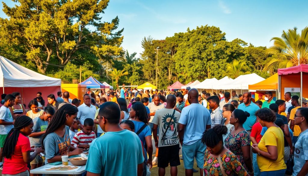 A vibrant outdoor scene showcasing a diverse community coming together to celebrate the new season. In the foreground, a group of people of all ages and backgrounds are engaged in various participatory activities - an art workshop, a cooking demonstration, a sports clinic. The middle ground features colorful booths and tents, each representing a different local organization or initiative. In the background, a backdrop of lush greenery and a clear blue sky, illuminated by warm, natural lighting that casts a golden glow over the entire tableau. The overall mood is one of energy, inclusivity, and a shared sense of anticipation for the exciting events and opportunities to come in the new season. A vibrant outdoor scene showcasing a diverse community coming together to celebrate the new season. In the foreground, a group of people of all ages and backgrounds are engaged in various participatory activities - an art workshop, a cooking demonstration, a sports clinic. The middle ground features colorful booths and tents, each representing a different local organization or initiative. In the background, a backdrop of lush greenery and a clear blue sky, illuminated by warm, natural lighting that casts a golden glow over the entire tableau. The overall mood is one of energy, inclusivity, and a shared sense of anticipation for the exciting events and opportunities to come in the new season.