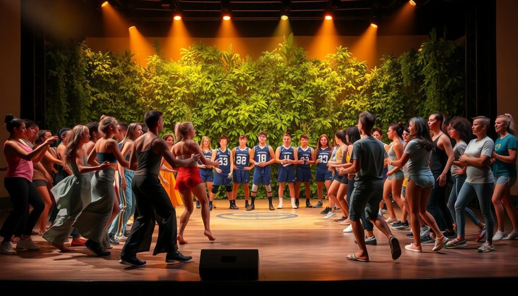 A vibrant scene of an LGBTQ+ theater production, blending artistic expression and athletic inclusion. In the foreground, a group of diverse performers engage in a collaborative dance, their fluid movements reflecting the fluidity of gender and identity. The middle ground features a sports team, players of all genders and backgrounds, showcasing teamwork and unity. The background is a lush, verdant stage, with a sense of warmth and celebration, illuminated by soft, golden lighting that casts an inviting, inclusive atmosphere. The overall impression is one of joyful, empowered self-expression and the power of collective endeavor, where the boundaries between art, sport, and identity are delightfully blurred. A vibrant scene of an LGBTQ+ theater production, blending artistic expression and athletic inclusion. In the foreground, a group of diverse performers engage in a collaborative dance, their fluid movements reflecting the fluidity of gender and identity. The middle ground features a sports team, players of all genders and backgrounds, showcasing teamwork and unity. The background is a lush, verdant stage, with a sense of warmth and celebration, illuminated by soft, golden lighting that casts an inviting, inclusive atmosphere. The overall impression is one of joyful, empowered self-expression and the power of collective endeavor, where the boundaries between art, sport, and identity are delightfully blurred.