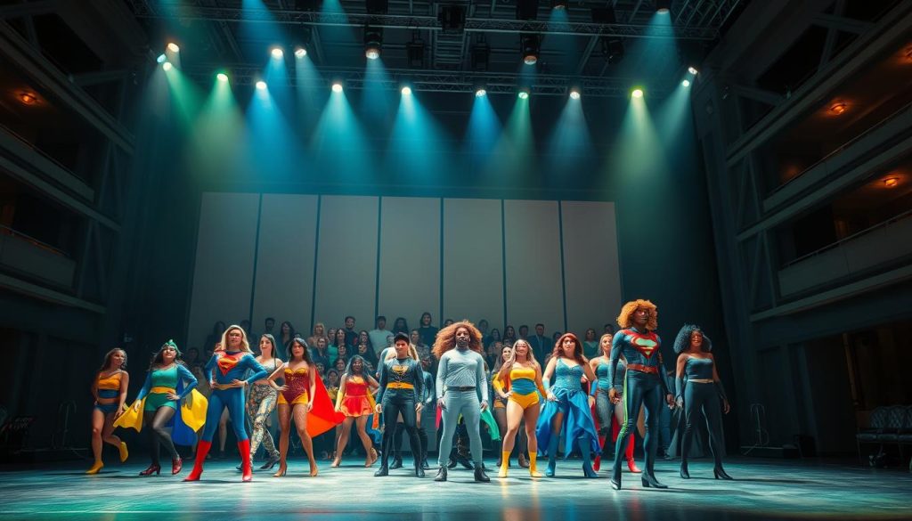 A vibrant stage with a spotlight shining down, illuminating a diverse cast of actors and performers showcasing their talents. In the foreground, a group of superheroes in colorful costumes command the attention of the audience, their movements graceful and powerful. In the middle ground, a mix of diverse characters, including individuals from different races, genders, and backgrounds, take their turn in the spotlight, their expressions captivating and their performances mesmerizing. In the background, a sleek, modern theater with high ceilings and intricate architectural details sets the scene, hinting at the cutting-edge, forward-thinking nature of these upcoming performances. The overall atmosphere is one of energy, excitement, and a celebration of representation and diversity within the superhero genre. A vibrant stage with a spotlight shining down, illuminating a diverse cast of actors and performers showcasing their talents. In the foreground, a group of superheroes in colorful costumes command the attention of the audience, their movements graceful and powerful. In the middle ground, a mix of diverse characters, including individuals from different races, genders, and backgrounds, take their turn in the spotlight, their expressions captivating and their performances mesmerizing. In the background, a sleek, modern theater with high ceilings and intricate architectural details sets the scene, hinting at the cutting-edge, forward-thinking nature of these upcoming performances. The overall atmosphere is one of energy, excitement, and a celebration of representation and diversity within the superhero genre.