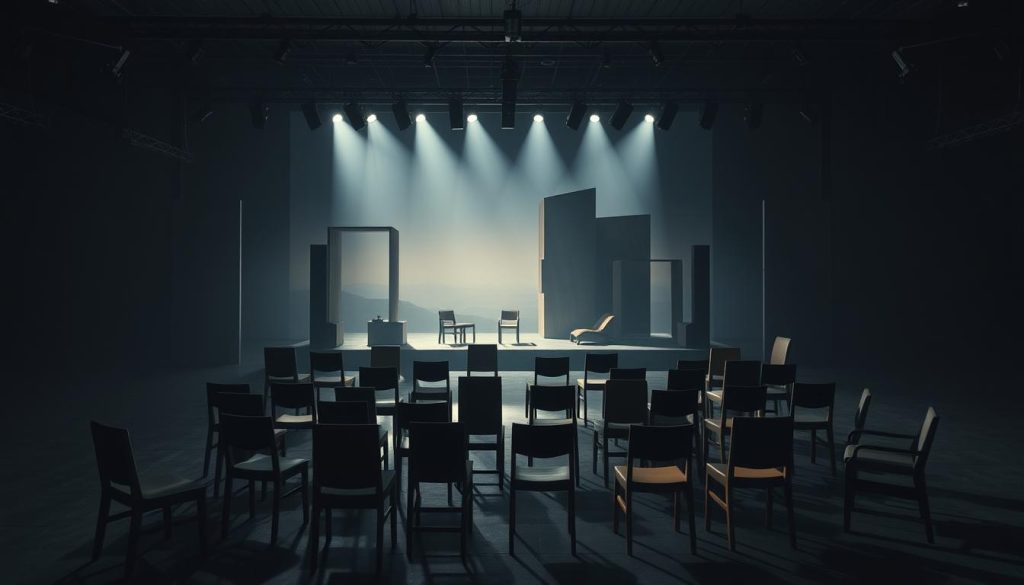 An avant-garde staging of "The Chairs" play, with a surreal and absurdist atmosphere. In the foreground, an arrangement of mismatched chairs in various sizes and orientations, creating a visually striking and chaotic seating area. The middle ground features a dimly lit, minimalist set design with stark, angular architectural elements, hinting at the existential themes of the play. Dramatic lighting casts long, dramatic shadows, adding to the sense of unease and unsettling ambiance. In the background, a hazy, dreamlike landscape with a muted color palette, further emphasizing the sense of isolation and the disconnection from reality. The overall composition conveys the essence of the play's absurdist nature and the exploration of the human condition. An avant-garde staging of "The Chairs" play, with a surreal and absurdist atmosphere. In the foreground, an arrangement of mismatched chairs in various sizes and orientations, creating a visually striking and chaotic seating area. The middle ground features a dimly lit, minimalist set design with stark, angular architectural elements, hinting at the existential themes of the play. Dramatic lighting casts long, dramatic shadows, adding to the sense of unease and unsettling ambiance. In the background, a hazy, dreamlike landscape with a muted color palette, further emphasizing the sense of isolation and the disconnection from reality. The overall composition conveys the essence of the play's absurdist nature and the exploration of the human condition.