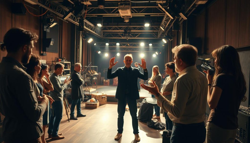 A behind-the-scenes look at a creative team in action, captured through a cinematic lens. In the foreground, a director gestures animatedly, surrounded by a focused crew of designers and stage managers, each immersed in their craft. The middle ground reveals a set adorned with intricate props and lighting rigs, hinting at the meticulous attention to detail. In the background, a dimly lit stage sets the mood, with the faint silhouettes of performers waiting in the wings, ready to bring the production to life. The scene is illuminated by a warm, golden glow, conveying a sense of energy and camaraderie that permeates the creative process. A behind-the-scenes look at a creative team in action, captured through a cinematic lens. In the foreground, a director gestures animatedly, surrounded by a focused crew of designers and stage managers, each immersed in their craft. The middle ground reveals a set adorned with intricate props and lighting rigs, hinting at the meticulous attention to detail. In the background, a dimly lit stage sets the mood, with the faint silhouettes of performers waiting in the wings, ready to bring the production to life. The scene is illuminated by a warm, golden glow, conveying a sense of energy and camaraderie that permeates the creative process.