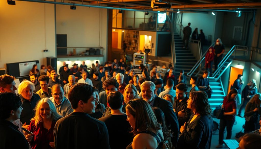 A bustling avant-garde performance festival headquarters, illuminated by warm, theatrical lighting. In the foreground, a diverse group of organizers confer animatedly, their expressions brimming with creative energy. The middle ground features a labyrinth of rehearsal spaces, where performers experiment with innovative movement and sound. In the background, a maze of corridors and staircases hints at the festival's intricate logistics, as technicians bustle about, fine-tuning the technical elements. The atmosphere exudes a sense of anticipation and artistic discovery, capturing the essence of the experimental theater community. A bustling avant-garde performance festival headquarters, illuminated by warm, theatrical lighting. In the foreground, a diverse group of organizers confer animatedly, their expressions brimming with creative energy. The middle ground features a labyrinth of rehearsal spaces, where performers experiment with innovative movement and sound. In the background, a maze of corridors and staircases hints at the festival's intricate logistics, as technicians bustle about, fine-tuning the technical elements. The atmosphere exudes a sense of anticipation and artistic discovery, capturing the essence of the experimental theater community.