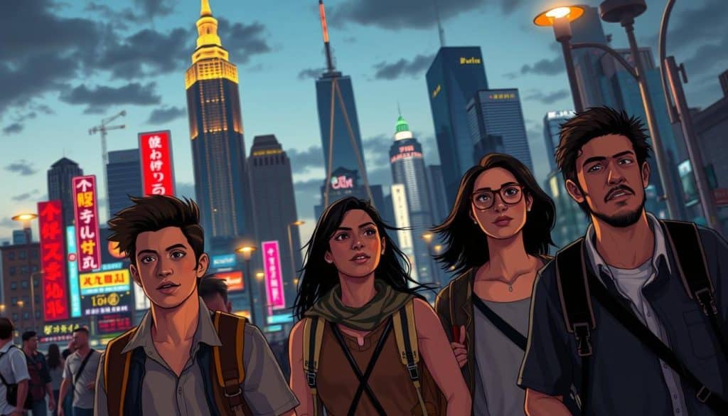 A bustling city skyline at dusk, illuminated by neon signs and street lamps. In the foreground, a diverse group of modern characters - a driven young professional, a creative artist, and an adventurous wanderer - navigating the challenges and opportunities of their journeys. Their expressions convey a range of emotions, from determination to wonder, as they move through the dynamic urban landscape. The lighting casts dramatic shadows, adding depth and texture to the scene. The overall mood is one of kinetic energy and the sense of endless possibilities that define the modern character's experience.