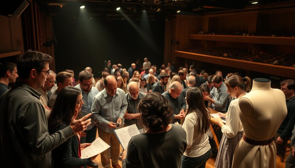 A bustling theater stage, the air thick with creative energy. Actors, directors, and designers huddle together, their faces alight with concentration as they collaborate on a world premiere production. Soft, warm lighting bathes the scene, casting a cozy, intimate glow. In the foreground, a small group gestures animatedly, deep in discussion over a script, while in the middle ground, a costume designer meticulously pins fabric on a dress form. The background reveals a sprawling backstage, with technicians adjusting lighting and sound equipment, all working in harmonious synchronicity to bring this new work to life. An atmosphere of mutual respect, trust, and shared artistic vision permeates the space, capturing the essence of true ensemble collaboration. A bustling theater stage, the air thick with creative energy. Actors, directors, and designers huddle together, their faces alight with concentration as they collaborate on a world premiere production. Soft, warm lighting bathes the scene, casting a cozy, intimate glow. In the foreground, a small group gestures animatedly, deep in discussion over a script, while in the middle ground, a costume designer meticulously pins fabric on a dress form. The background reveals a sprawling backstage, with technicians adjusting lighting and sound equipment, all working in harmonious synchronicity to bring this new work to life. An atmosphere of mutual respect, trust, and shared artistic vision permeates the space, capturing the essence of true ensemble collaboration.