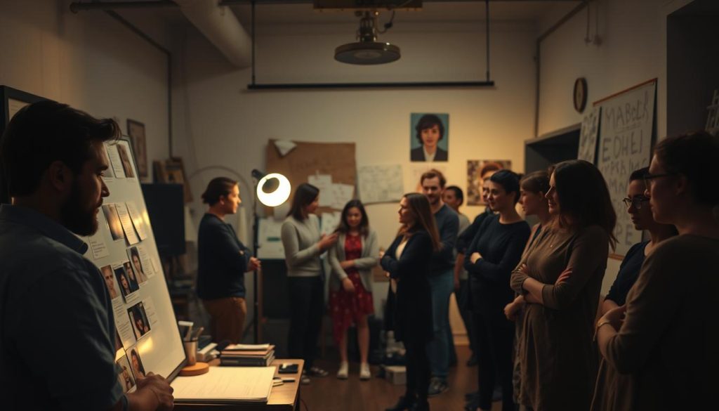 A cozy, dimly lit studio filled with a diverse ensemble of artists and creatives, deeply engaged in a collaborative casting process. In the foreground, a director stands before a large whiteboard, carefully considering headshots and resumes, their face illuminated by the warm glow of a desk lamp. In the middle ground, actors and actresses converse animatedly, exchanging ideas and feedback. The background is softly blurred, hinting at the rich tapestry of the creative process - sketches, mood boards, and a subtle sense of artistic intensity. The overall atmosphere conveys a sense of thoughtful deliberation, as the group navigates the delicate balance between vision and execution. A cozy, dimly lit studio filled with a diverse ensemble of artists and creatives, deeply engaged in a collaborative casting process. In the foreground, a director stands before a large whiteboard, carefully considering headshots and resumes, their face illuminated by the warm glow of a desk lamp. In the middle ground, actors and actresses converse animatedly, exchanging ideas and feedback. The background is softly blurred, hinting at the rich tapestry of the creative process - sketches, mood boards, and a subtle sense of artistic intensity. The overall atmosphere conveys a sense of thoughtful deliberation, as the group navigates the delicate balance between vision and execution.