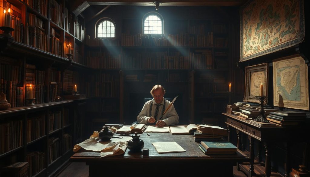 A dimly lit 17th-century study, shelves brimming with ancient tomes. In the foreground, a figure in Elizabethan garb sits at a heavy oak desk, quill in hand, surrounded by crumpled parchments and overturned inkwells. The walls are adorned with maps and tapestries, hinting at the character's scholarly pursuits. Shafts of warm candlelight pierce the shadows, casting an air of contemplation and economic critique. The scene evokes the world of Timon of Athens, Shakespeare's biting satire on wealth, greed, and the folly of mankind. A dimly lit 17th-century study, shelves brimming with ancient tomes. In the foreground, a figure in Elizabethan garb sits at a heavy oak desk, quill in hand, surrounded by crumpled parchments and overturned inkwells. The walls are adorned with maps and tapestries, hinting at the character's scholarly pursuits. Shafts of warm candlelight pierce the shadows, casting an air of contemplation and economic critique. The scene evokes the world of Timon of Athens, Shakespeare's biting satire on wealth, greed, and the folly of mankind.