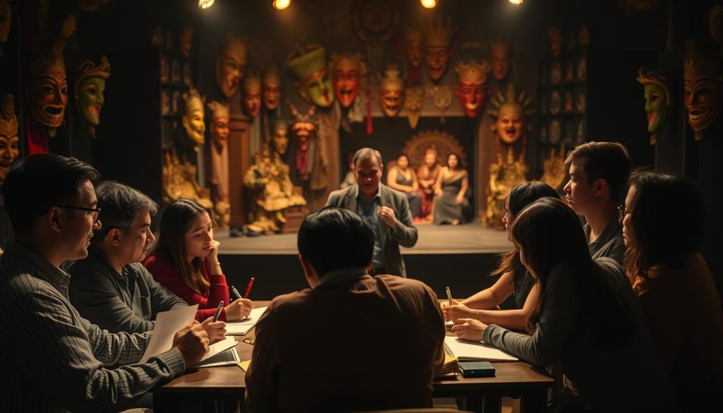A dimly lit performance space, with a diverse ensemble of international playwrights collaborating on a new cross-cultural drama. In the foreground, a group of writers huddle over a table, exchanging ideas and scribbling notes, their expressions intense with creative focus. In the middle ground, a director stands before them, gesturing animatedly as they discuss staging and character development. The background is a tapestry of cultural influences, with vibrant theatrical masks, intricate set pieces, and the faint silhouettes of actors rehearsing on the stage. The lighting is warm and intimate, casting a golden glow that reflects the fusion of diverse perspectives and theatrical traditions. A dimly lit performance space, with a diverse ensemble of international playwrights collaborating on a new cross-cultural drama. In the foreground, a group of writers huddle over a table, exchanging ideas and scribbling notes, their expressions intense with creative focus. In the middle ground, a director stands before them, gesturing animatedly as they discuss staging and character development. The background is a tapestry of cultural influences, with vibrant theatrical masks, intricate set pieces, and the faint silhouettes of actors rehearsing on the stage. The lighting is warm and intimate, casting a golden glow that reflects the fusion of diverse perspectives and theatrical traditions.